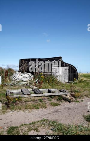 Capannoni tradizionali realizzati con barche capovolte sulla Holy Island di Lindisfarne, Northumberland, Regno Unito Foto Stock