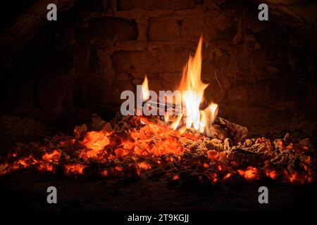 Tronchi di legna da ardere bruciano nel forno. Calici e fiamme nel camino. Foto Stock