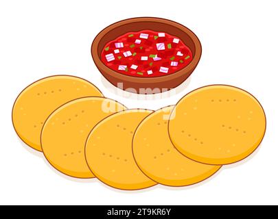 Sopaipillas con pebre, tradizionale disegno di cibo cileno. Pane fritto e salsa. Semplice illustrazione vettoriale dei cartoni animati. Illustrazione Vettoriale