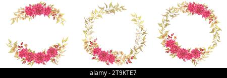 Set di ghirlande acquerelli con dalie, fiori secchi e fianchi di rosa. Composizioni pronte per stampe, poster, cartoline, inviti, congratulazioni, Foto Stock