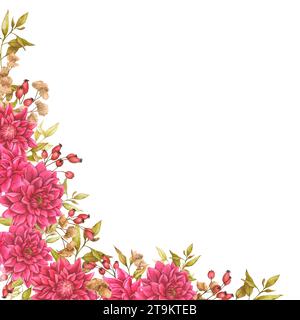 Cornice floreale, bordo di dahlia, fogliame, fiori secchi e fianchi di rose. Sfondo ad acquerello per la progettazione di biglietti, inviti, annunci, annunci pubblicitari Foto Stock