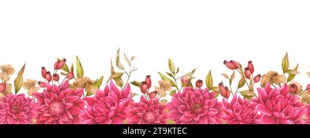 Cornice floreale, bordo orizzontale senza cuciture di dahlia, fogliame, fiori secchi e fianchi di rosa. Sfondo ad acquerello per la progettazione di carte, inviti, ann Foto Stock