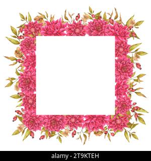 Cornice di fiori quadrata composta da dahlia, fogliame, fiori secchi e fianchi di rosa. Design ad acquerello per biglietti, inviti, annunci, pubblicità, ecc. Foto Stock