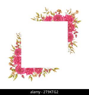 Cornice di fiori quadrata composta da dahlia, fogliame, fiori secchi e fianchi di rosa. Design ad acquerello per biglietti, inviti, annunci, pubblicità, ecc. Foto Stock