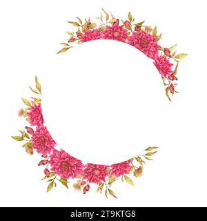 Cornice floreale rotonda composta da dahlias, fogliame, fiori secchi e fianchi di rosa. Design ad acquerello per biglietti, inviti, annunci, pubblicità, ecc. Foto Stock