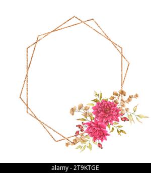 Cornice floreale poligonale dorata composta da dahlia, fogliame, fiori secchi e fianchi di rosa. Design ad acquerello per biglietti, inviti, annunci, ecc. Mer Foto Stock