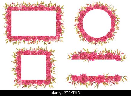 Set di cornici floreali e bordi in dahlia, fogliame, fiori secchi e fianchi di rosa. Design ad acquerello per biglietti, inviti, annunci, ecc. Foto Stock