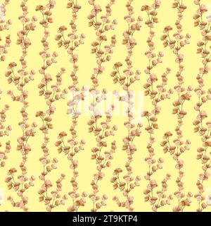 Motivo senza cuciture con fiori essiccati ad acquerello su sfondo giallo. Matrimonio, compleanno, anniversario. Design di biglietti, carta da imballaggio, tessuto, tessuto Foto Stock