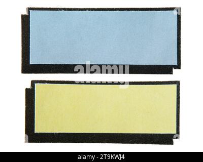 Casella di testo in stile fumetto blu e giallo con effetto mezzitoni su sfondo bianco con tracciato di ritaglio Foto Stock
