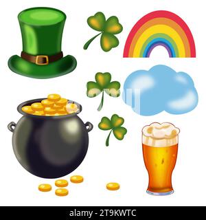 il giorno di san patrizio ha messo cappello verde leprechaun, moneta, trifoglio shamrock, vaso d'oro, tazza di birra schiumosa. Foto Stock
