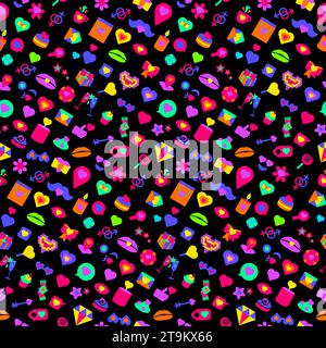 Motivo senza cuciture al neon dichiarativo con adesivi festivi su sfondo nero scuro. Disegno della carta o dell'invito per la festa. Ornamento per stampa su tessuto, c Illustrazione Vettoriale