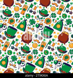 St Modello Patrick Day senza cuciture con monete d'oro in vaso, birra, cappello Leprechaun, quadrifoglio portafortuna a quattro foglie, sacchetto d'oro. Ornamenti per la stampa su tessuto, Illustrazione Vettoriale