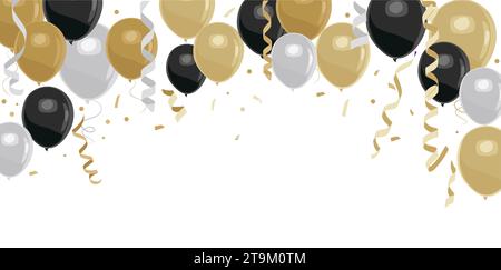 Bordo vettoriale con oro, palloncino nero, serpentina Illustrazione Vettoriale