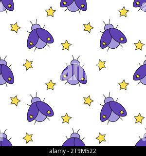 Modello senza cuciture con insetti e stelle mistici. Insetti violetti celesti. Sfondo magico bohémien. Illustrazione Vettoriale