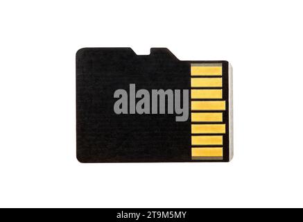 Scheda di memoria microSD, vista macro ravvicinata, isolata su sfondo bianco con percorso di ritaglio Foto Stock