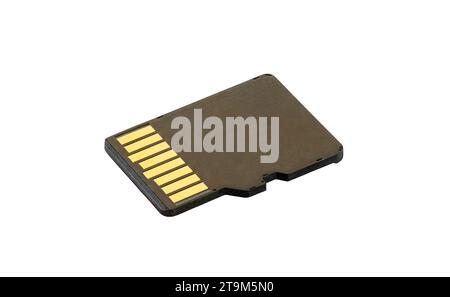 Scheda di memoria microSD, vista macro ravvicinata, isolata su sfondo bianco con percorso di ritaglio Foto Stock