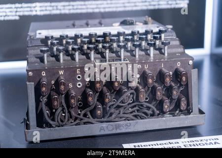 Enigma Machine. Leggendario dispositivo di crittografia utilizzato per decodificare i messaggi nemici durante la seconda guerra mondiale, Bletchley Park, Milton Keynes, Gran Bretagna. Polonia, Varsavia - 28 luglio 2023. Foto Stock