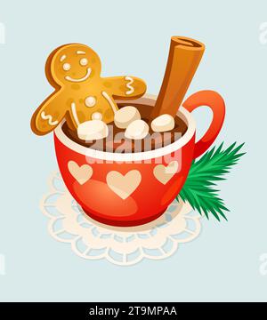 Gingerbread uomo in tazza. Gingerbread uomini divertenti rilassarsi alla tazza di caffè con marshmallow, colazione di natale mattina biscotti fatti in casa allo zenzero biscotti cartoon illustrazione vettoriale dei cartoni animati natalizi Illustrazione Vettoriale