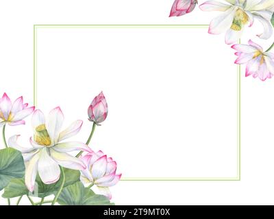 Cornice orizzontale di loto sacro. Composizione con fiori, gemme, foglie. Ninfee, lotuse rosa bianche, foglia verde. Spazio per il testo. Foto Stock