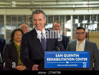 San Quentin, CA - 17 marzo 2023: Il Governatore Gavin Newsom al convegno stampa annuncia la trasformazione della prigione statale di San Quentin per migliorare la sicurezza pubblica Foto Stock