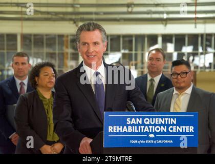 San Quentin, CA - 17 marzo 2023: Il Governatore Gavin Newsom al convegno stampa annuncia la trasformazione della prigione statale di San Quentin per migliorare la sicurezza pubblica Foto Stock