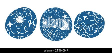 Elemento grafico disegnato a mano razzo nello spazio. disegno manuale. Non ai, illustrazione vettoriale Illustrazione Vettoriale