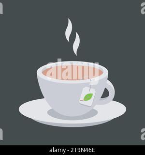 Icona della tazza di tè, con una bustina di tè. Design grafico piatto dei cartoni animati. Elemento isolato. Vettore Illustrazione Vettoriale