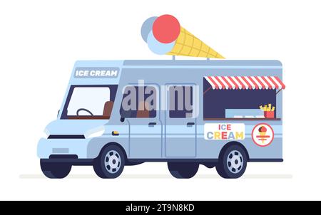 Camion dei gelati. Furgone per auto Street food. Vendita di dessert freddi. Parcheggiare il chiosco su ruote. Caffetteria da asporto. Bancone per trasporto all'aperto. Dolci rinfrescanti Illustrazione Vettoriale