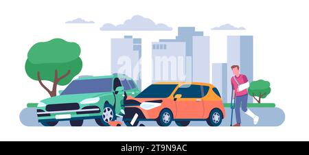 L'uomo è rimasto ferito in un incidente stradale. Collisione durante il trasporto. Auto danneggiate. Vittima disabile con stampelle e gamba in gesso. Impatto con un pedone. Veicoli Illustrazione Vettoriale
