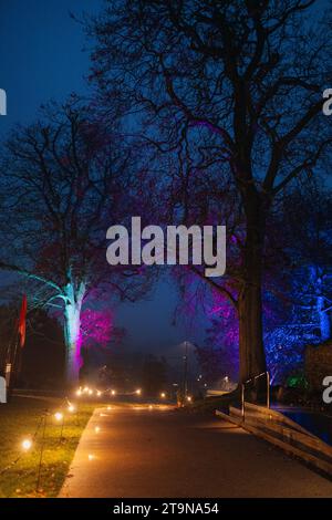 Hay-on-Wye, Galles, Regno Unito. Domenica 26 novembre 2023. Weekend invernale di notte al Festival dell'atomsphere of Hay. Crediti: Sam Hardwick/Alamy Live News. Foto Stock