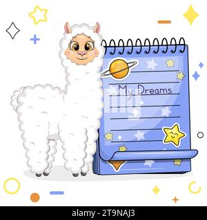 Un simpatico lama dei cartoni animati e un quaderno blu con adesivi. Illustrazione vettoriale di un animale su sfondo bianco con stelle, cerchi. Illustrazione Vettoriale