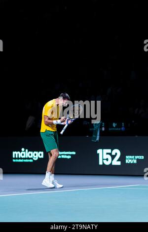 Malaga, Spagna. 26 novembre 2023. L'australiano Alexei Popyrin festeggia la finale 1 di Coppa Davis 2023 tra Australia e Italia al Palacio de los Deportes Jose Maria Martin Carpena. Punteggio finale; Australia 1:2 Italia. Credito: SOPA Images Limited/Alamy Live News Foto Stock