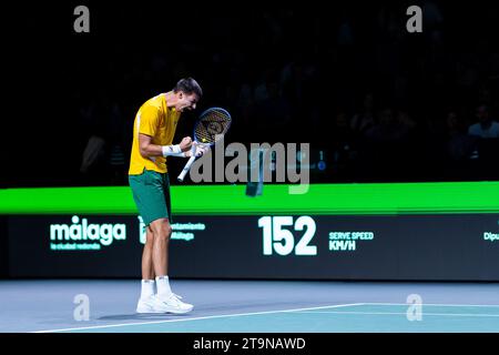 Malaga, Spagna. 26 novembre 2023. L'australiano Alexei Popyrin festeggia la finale 1 di Coppa Davis 2023 tra Australia e Italia al Palacio de los Deportes Jose Maria Martin Carpena. Punteggio finale; Australia 1:2 Italia. Credito: SOPA Images Limited/Alamy Live News Foto Stock