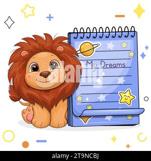 Un leone cartoni animati e un quaderno blu con adesivi. Illustrazione vettoriale di un animale su sfondo bianco con stelle, cerchi. Illustrazione Vettoriale