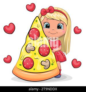 Carina ragazza dei cartoni animati con un grosso pezzo di pizza. Illustrazione vettoriale di una donna su sfondo bianco con cuori rossi. Illustrazione Vettoriale