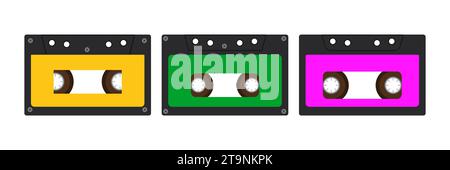 Cassette audio vecchio stile degli anni '90 Clipart multicolore luminoso. Illustrazioni vettoriali pronte all'uso isolate su sfondo bianco. Illustrazione Vettoriale