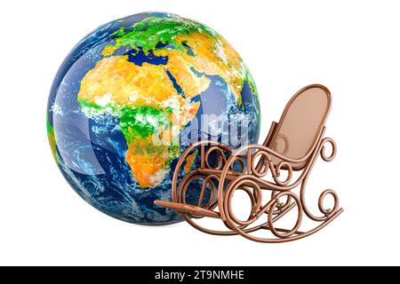 Earth Globe con sedia a dondolo, rendering 3D isolato su sfondo bianco Foto Stock