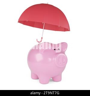 Salvadanaio con ombrello isolato su sfondo bianco. illustrazione 3d. Foto Stock