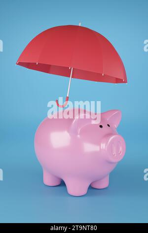 Salvadanaio con ombrello isolato su sfondo blu. illustrazione 3d. Foto Stock