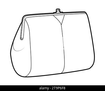 Borsa con pochette e silhouette KISS Lock. Illustrazione tecnica degli accessori moda. Borsa a mano vettoriale frontale vista a 3-4° per uomo, donna, unisex, borsetta piatta con disegno CAD isolato Illustrazione Vettoriale