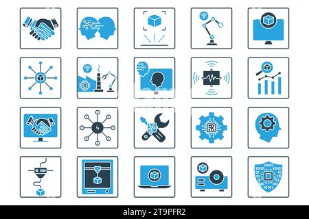 set di icone del settore. industry 5,0, stampa 3d, intelligenza artificiale, realtà aumentata, sensore avanzato, robot intelligente, ecc. stile icona solido de Illustrazione Vettoriale