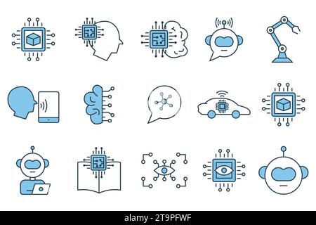 set di icone dell'intelligenza artificiale. testa robot, cervello ai, braccio robot, visione artificiale, big data, assistente ai, apprendimento approfondito, ecc. icona linea piatta stile d Illustrazione Vettoriale