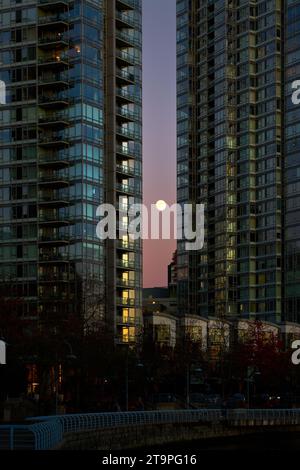 Moonrise Towers City Center. La luna che sorge sullo skyline di Vancouver False Creek. British Columbia, Canada. Foto Stock