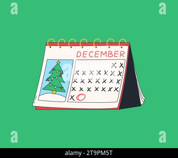 Mese di dicembre sul calendario. Calendario dell'avvento. Illustrazione vettoriale. Stampa natalizia e felice anno nuovo in stile moderno per biglietti, adesivi e. Illustrazione Vettoriale
