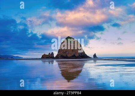 Una mattinata calma e tranquilla guardando a sud su Cannon Beach, Oregon, sotto un cielo colorato rosa e blu all'alba. Foto Stock