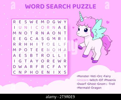 Puzzle di ricerca per parole con creature e animali magici. Illustrazione Vettoriale