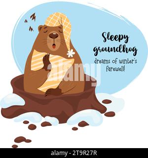 Un simpatico personaggio di marmotta dormiente con cuscino che guarda fuori dal buco. Divertente card natalizia per il Groundhog Day del 2 febbraio. Illustrazione vettoriale Illustrazione Vettoriale