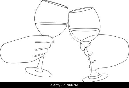 Un disegno continuo a una linea di mani che applaudono con bicchieri di vino. Disegno a linea singola di brindisi al bicchiere di vino. Illus vettoriale di contorno in stile minimalista Illustrazione Vettoriale