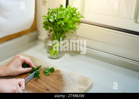 Vista ravvicinata del giovane che taglia a mano mazzetti di prezzemolo fresco in acqua nel ripiano della cucina Foto Stock