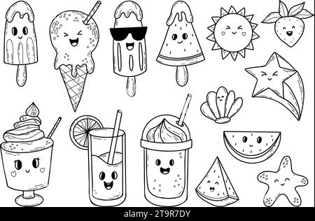 Set di doodles per dolci. Simpatici personaggi kawaii: Gelato, dessert, bevande, frutta e sole. Disegni manuali lineari vettoriali isolati su bianco Illustrazione Vettoriale